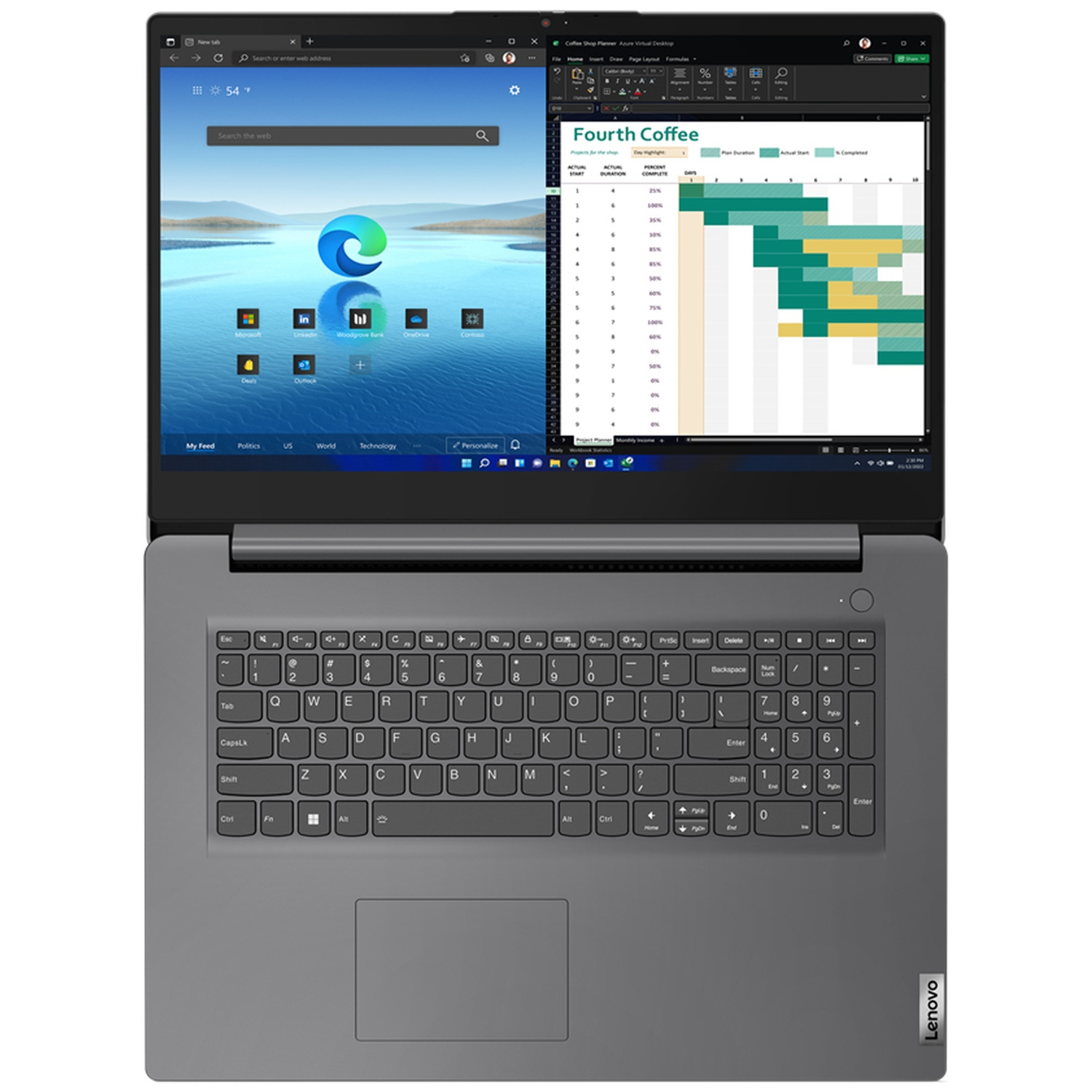 Laptop displaying a web browser and a project management chart on the screen, with a keyboard below.