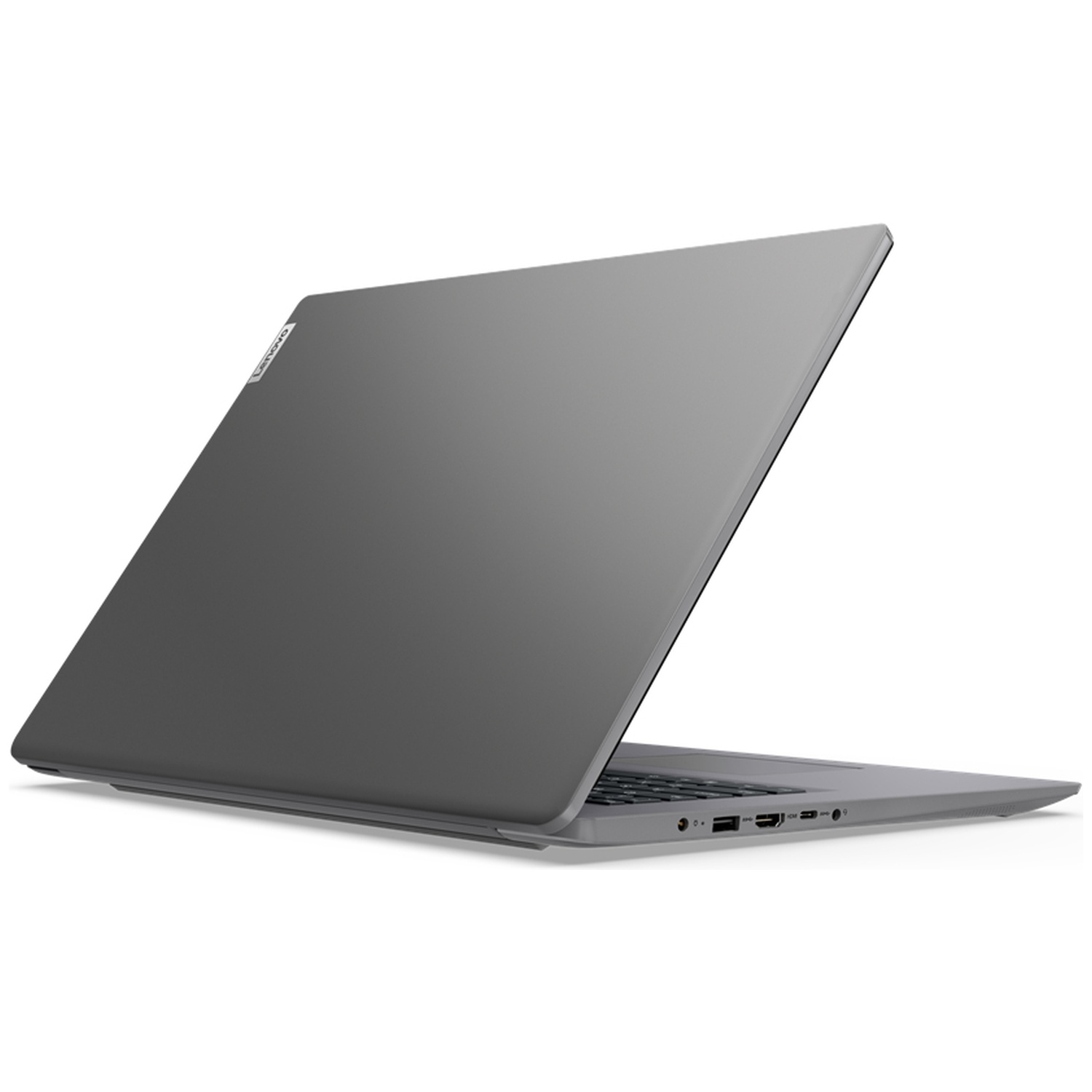 A gray Lenovo laptop is open, angled slightly, on a white background. The screen is up, showing the keyboard and ports.
