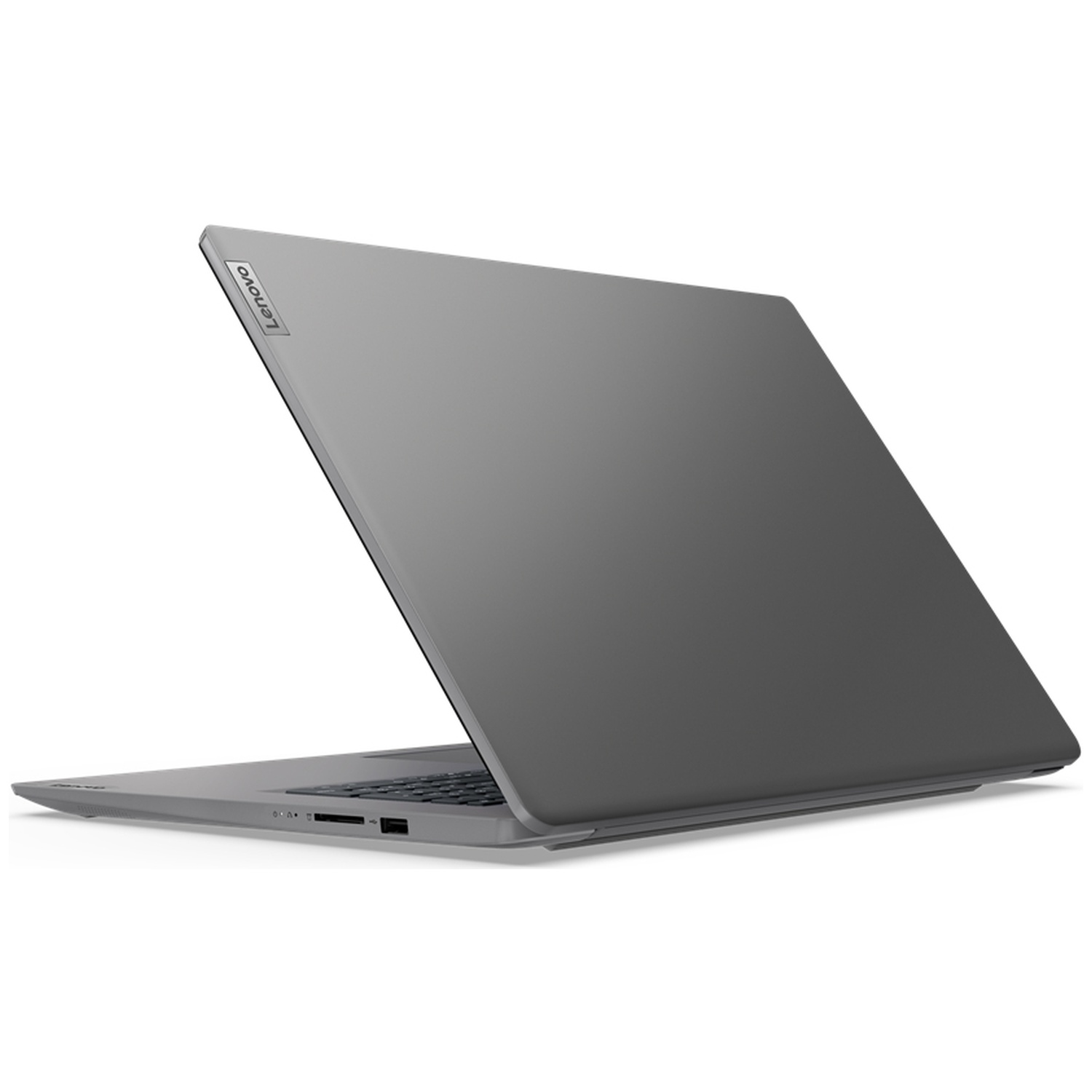 A gray Lenovo laptop is open on a white background. The screen is up, revealing a keyboard. The Lenovo logo is visible.