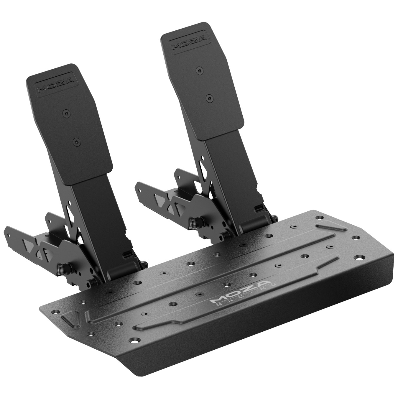 Schwarzes Rennpedal-Set mit zwei Pedalen und einer Grundplatte. Der Markenname MOZA ist sichtbar.