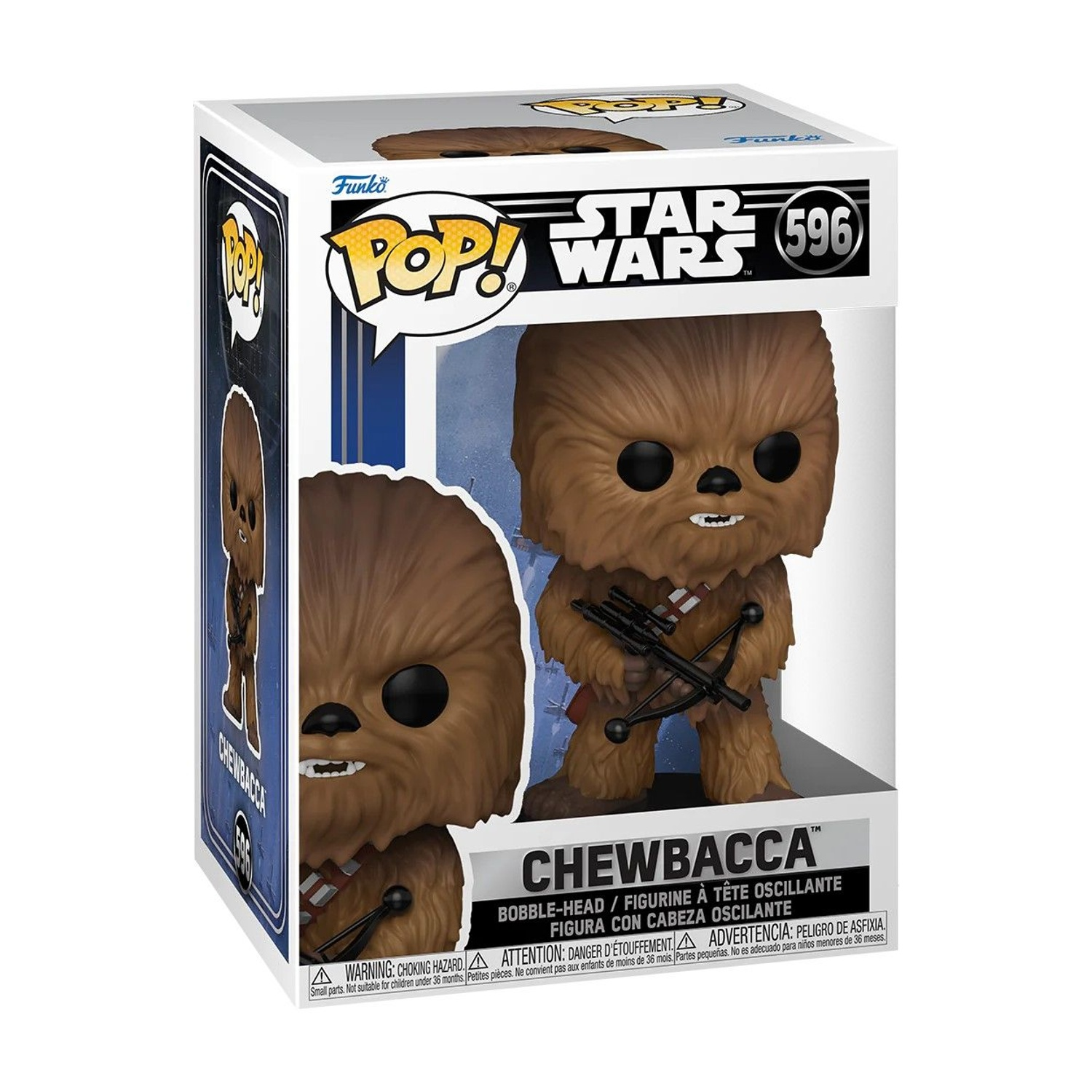 Una figura di Chewbacca Funko Pop nella sua scatola. La figura è marrone, con un'arma. La scatola ha i loghi di Star Wars e Funko Pop.
