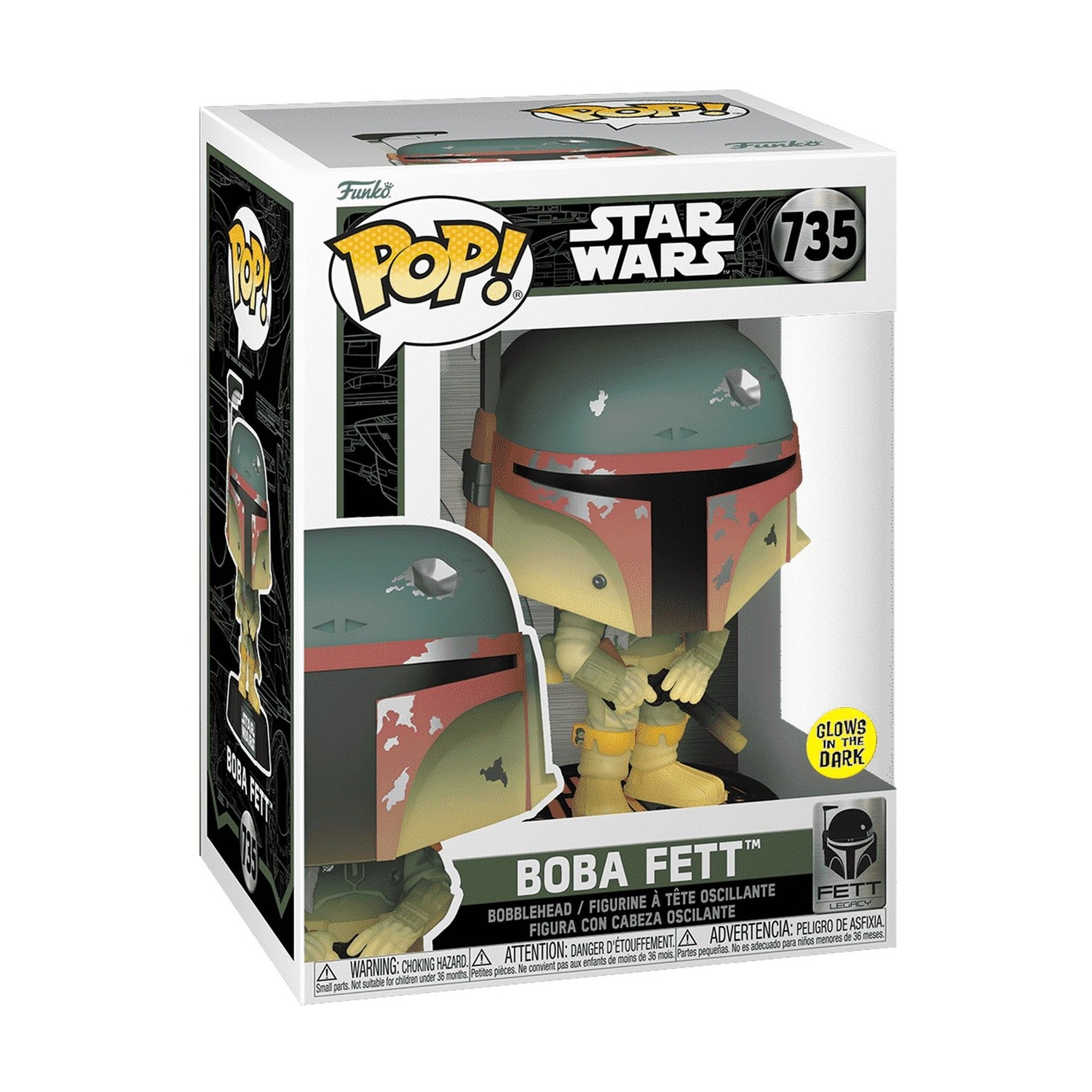 Scatola Funko Pop con la figura di Boba Fett. La scatola è bianca con il marchio Star Wars, e la figura è in una finestra protettiva.