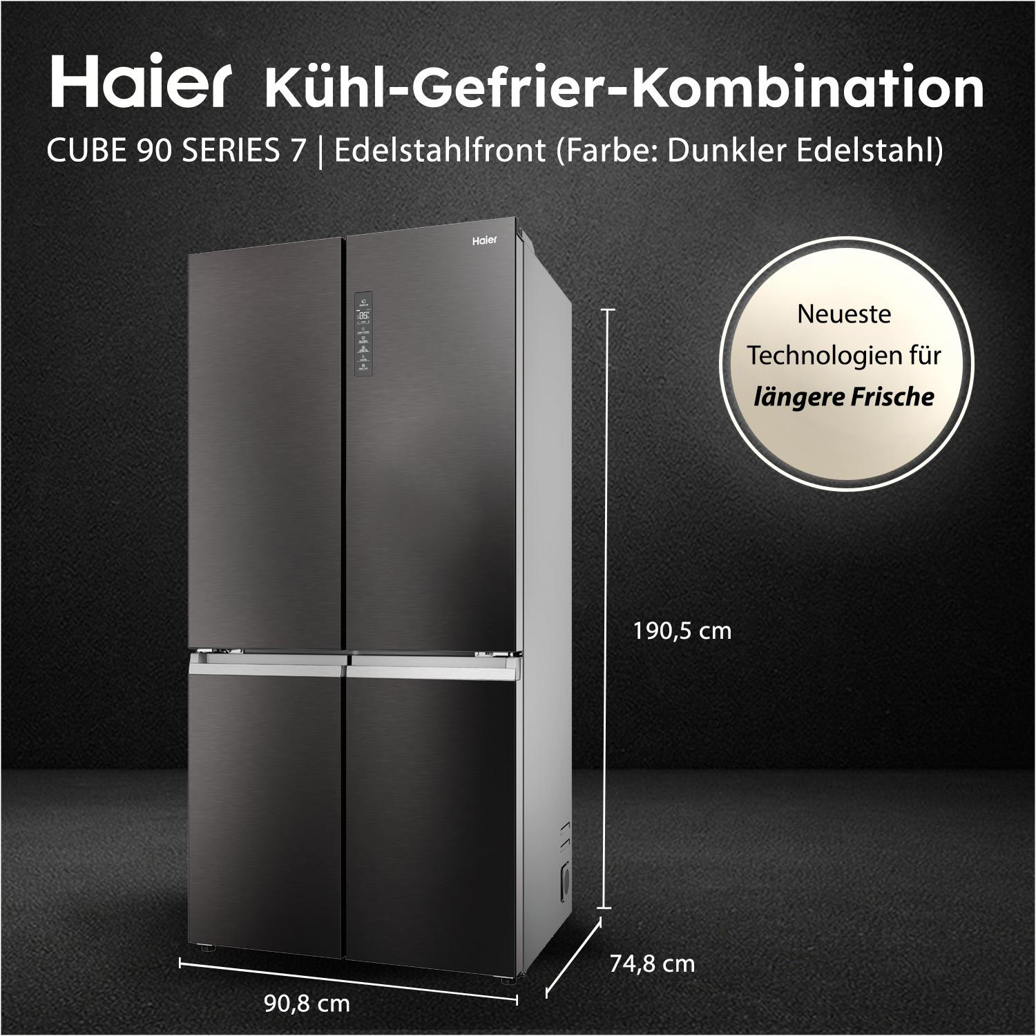 Dunkelgrauer Haier-Kühlschrank mit vier Türen. Mit beschrifteten Abmessungen und Textüberlagerung.