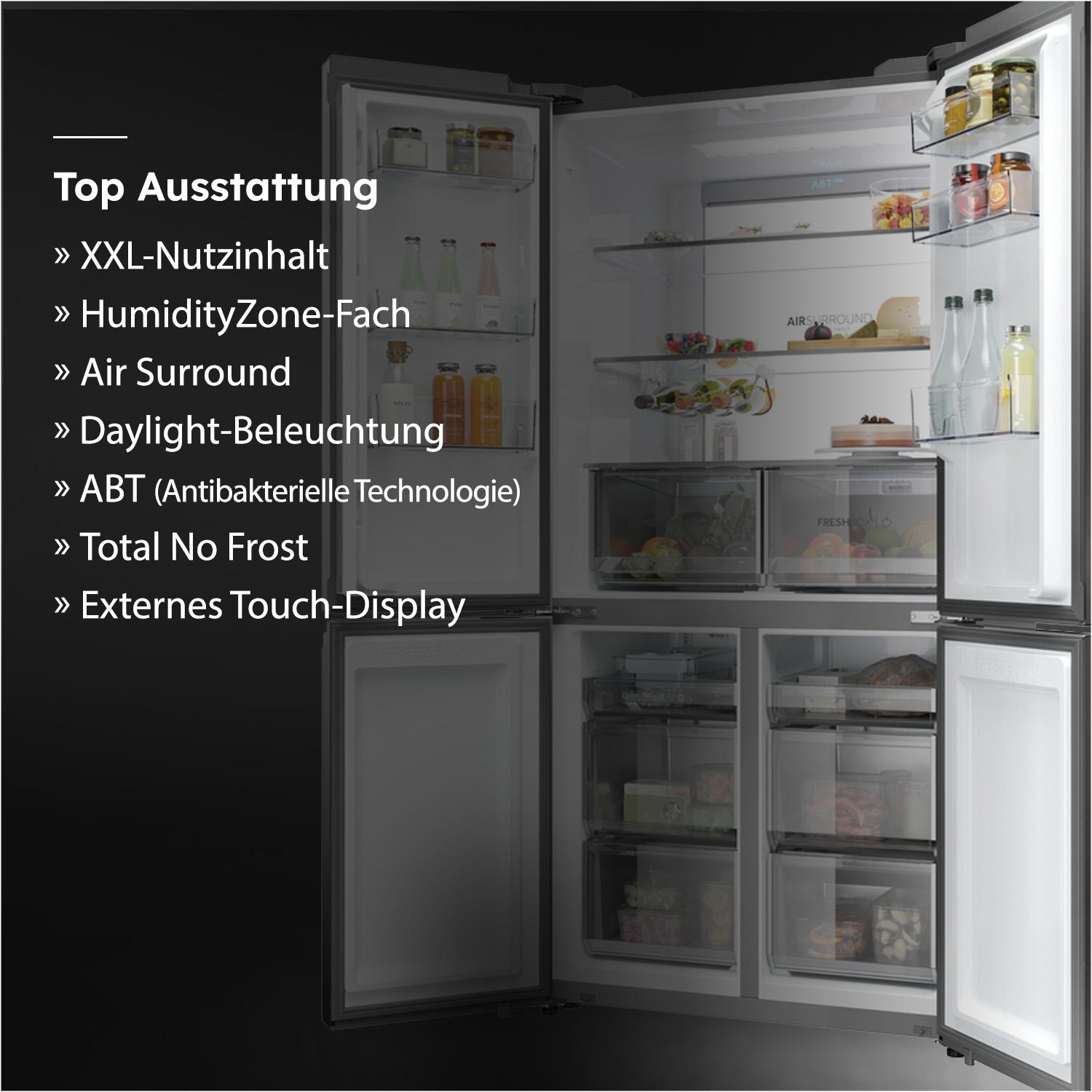 Offener Kühlschrank mit Lebensmitteln. Merkmale sind XXL-Kapazität, Feuchtigkeitszone, Luftumgebung, Tageslichtbeleuchtung und ABT-Technologie.