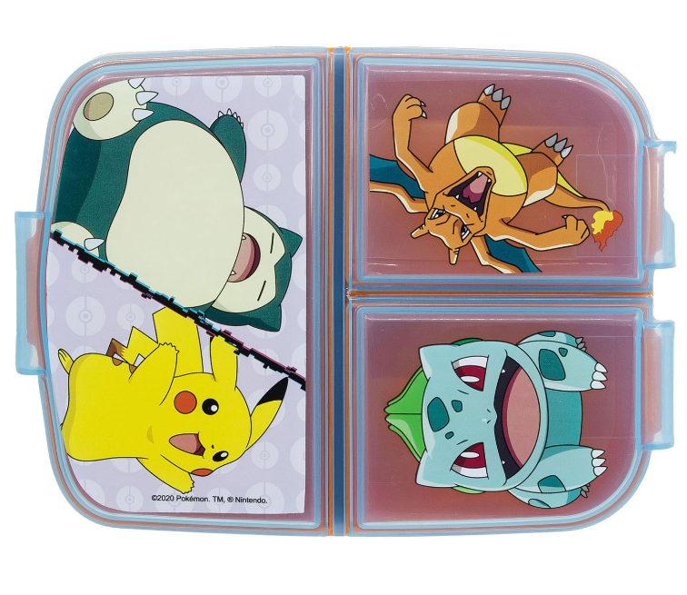 Eine geteilte Pokemon-Lunchbox mit Snorlax, Pikachu, Charizard und Bulbasaur. Die Lunchbox ist blau mit orangenen Trennwänden.