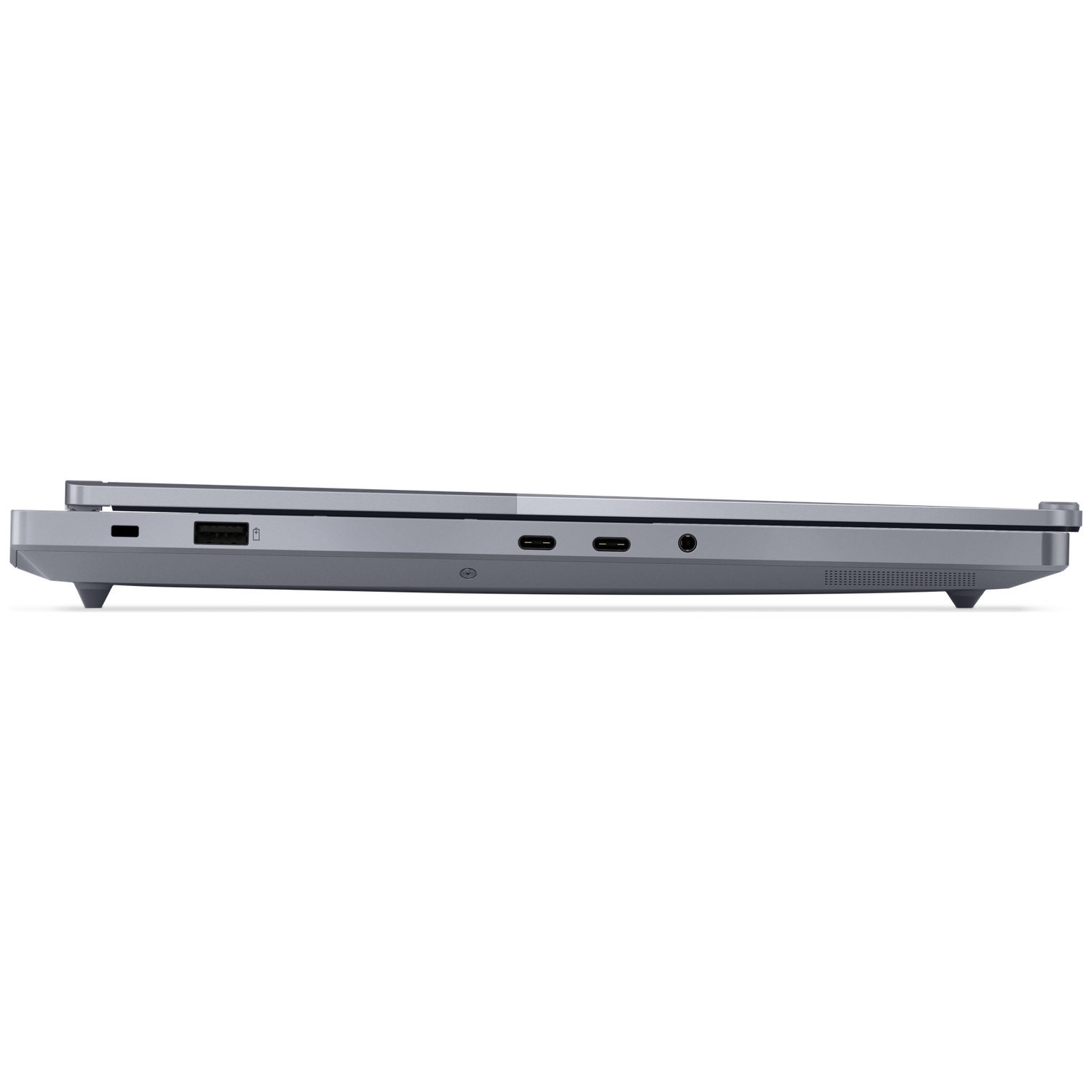 Side view of a closed, gray laptop. Ports and vents are visible. The laptop is on a white background.