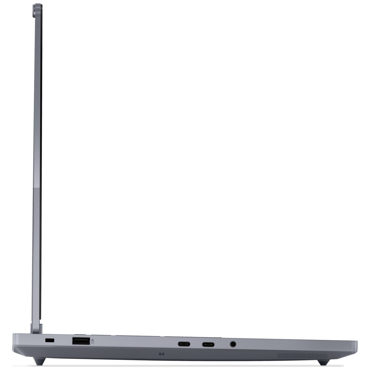 Side view of a gray laptop, open. Ports on the side include USB, USB-C, and audio jack. The screen is up. White background.