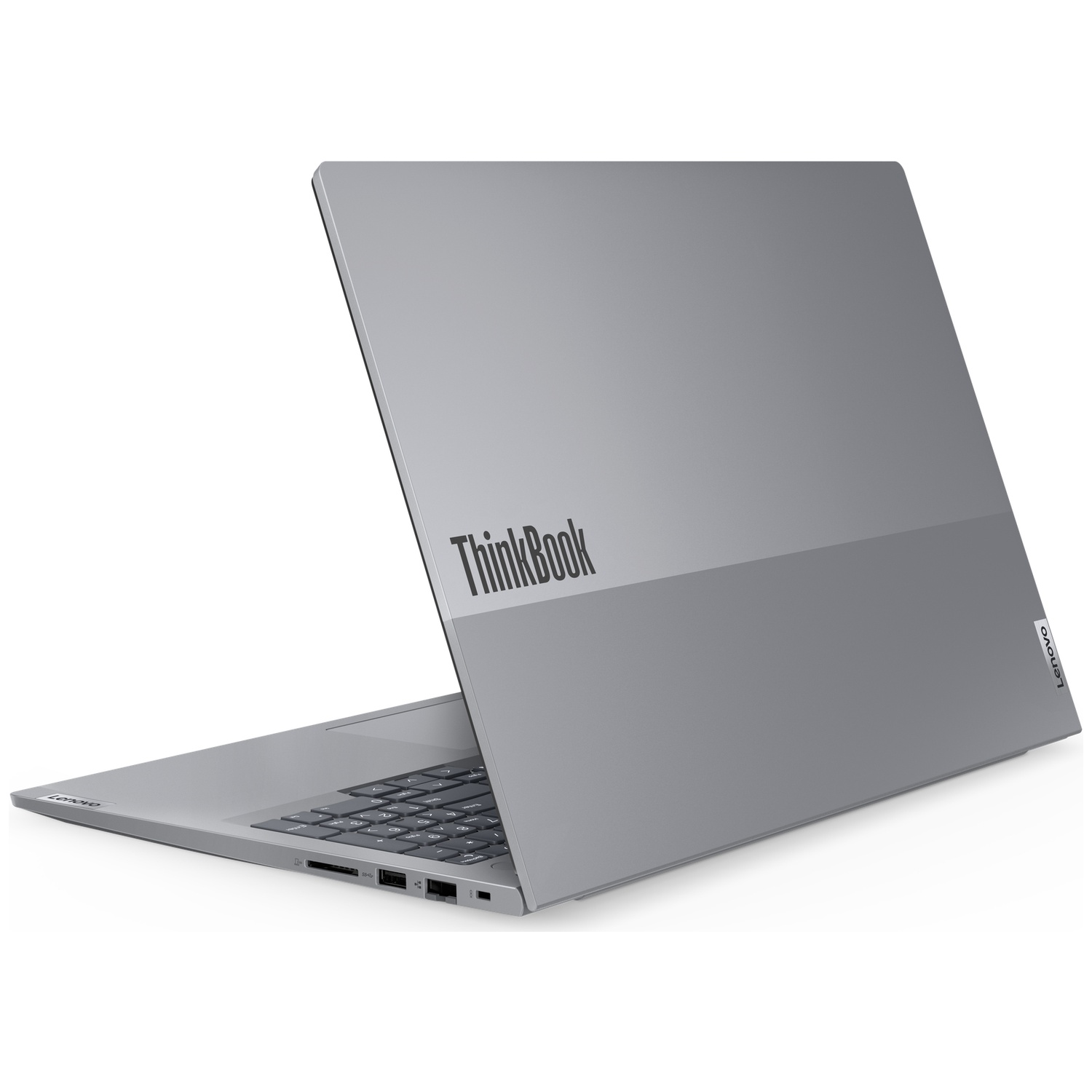 Un ordinateur portable Lenovo ThinkBook gris est légèrement ouvert. Le clavier et les ports sont visibles. Le logo ThinkBook est sur le couvercle.