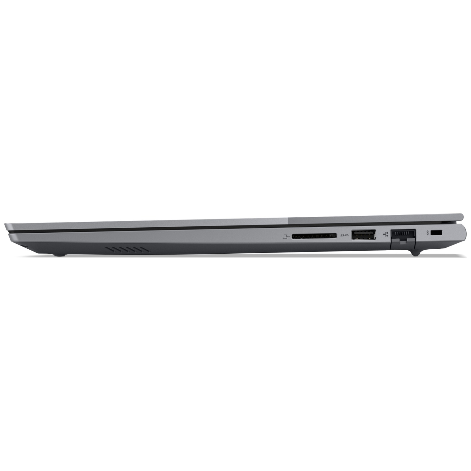 Vue latérale d'un ordinateur portable gris fermé. Les ports sont visibles, dont USB, lecteur de carte SD et port d'alimentation. L'ordinateur portable est sur fond blanc.