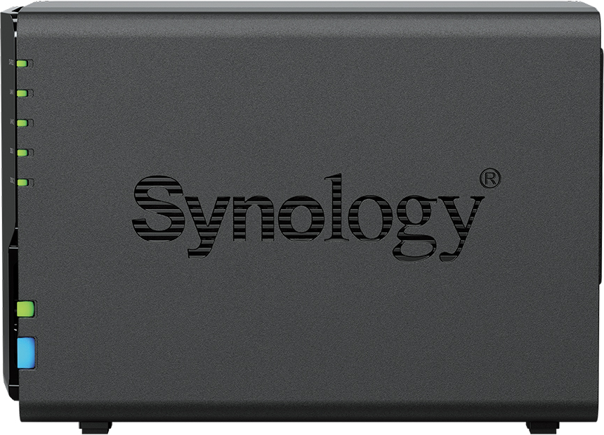 Un appareil NAS Synology noir. Il comporte un logo Synology, plusieurs voyants d'état verts et bleus et le logo Synology.