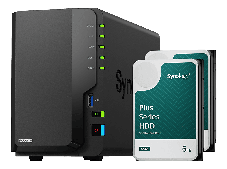 SYNOLOGY DiskStation DS225+ mit 2x 6TB Plus Series HDD NAS 3.5 Anzahl Festplattenschächte: 2 Schwarz