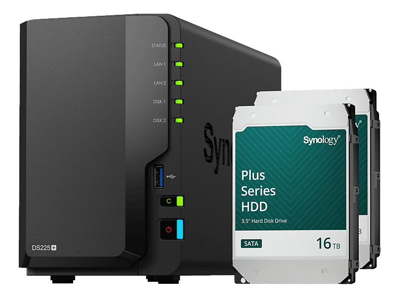 SYNOLOGY DiskStation DS225+ mit 2x 16TB Plus Series HDD NAS 3.5 Anzahl Festplattenschächte: 2 Schwarz