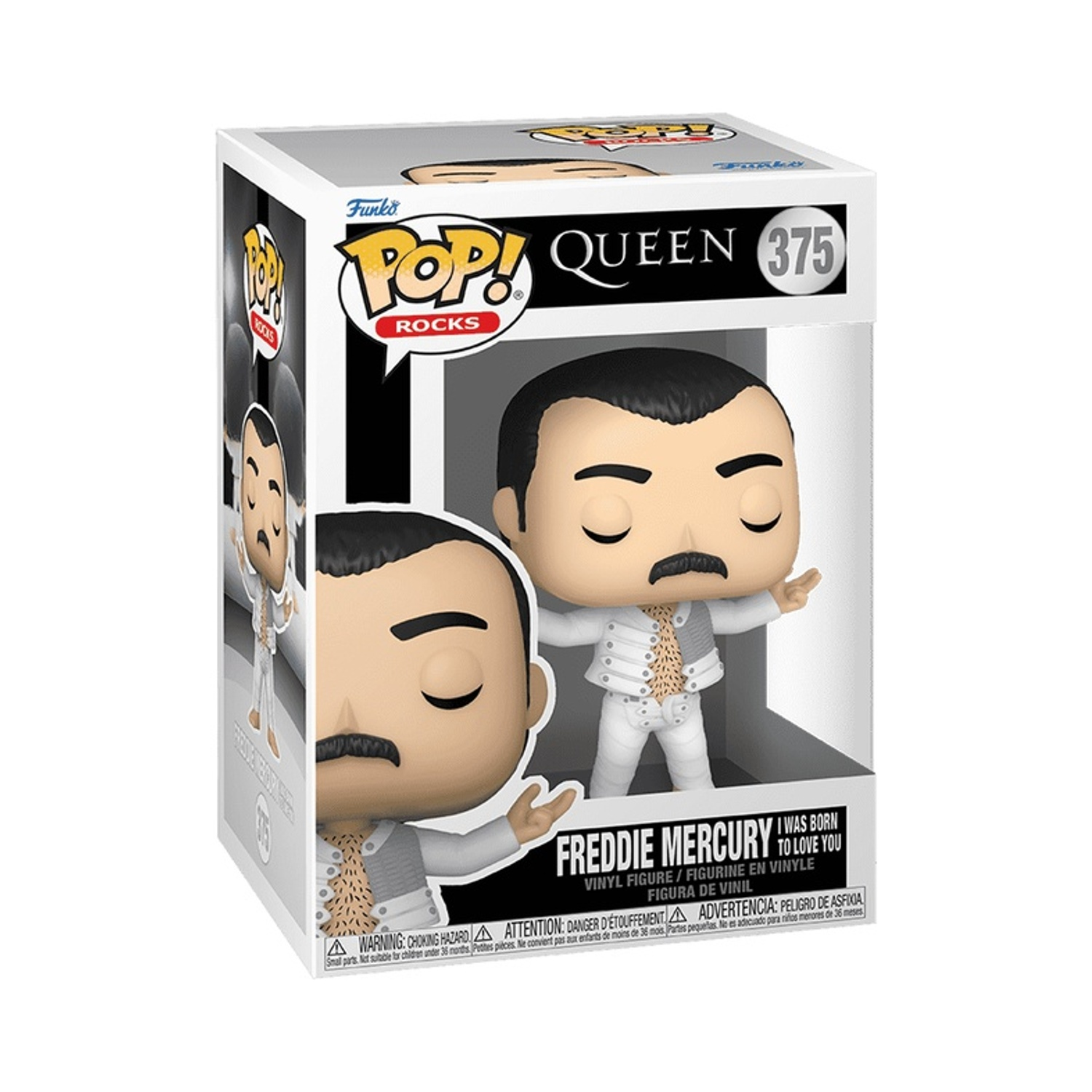 Figura Funko Pop! di Freddie Mercury in abito bianco, dei Queen. La scatola mostra la figura all'interno e ha il logo Funko Pop!.