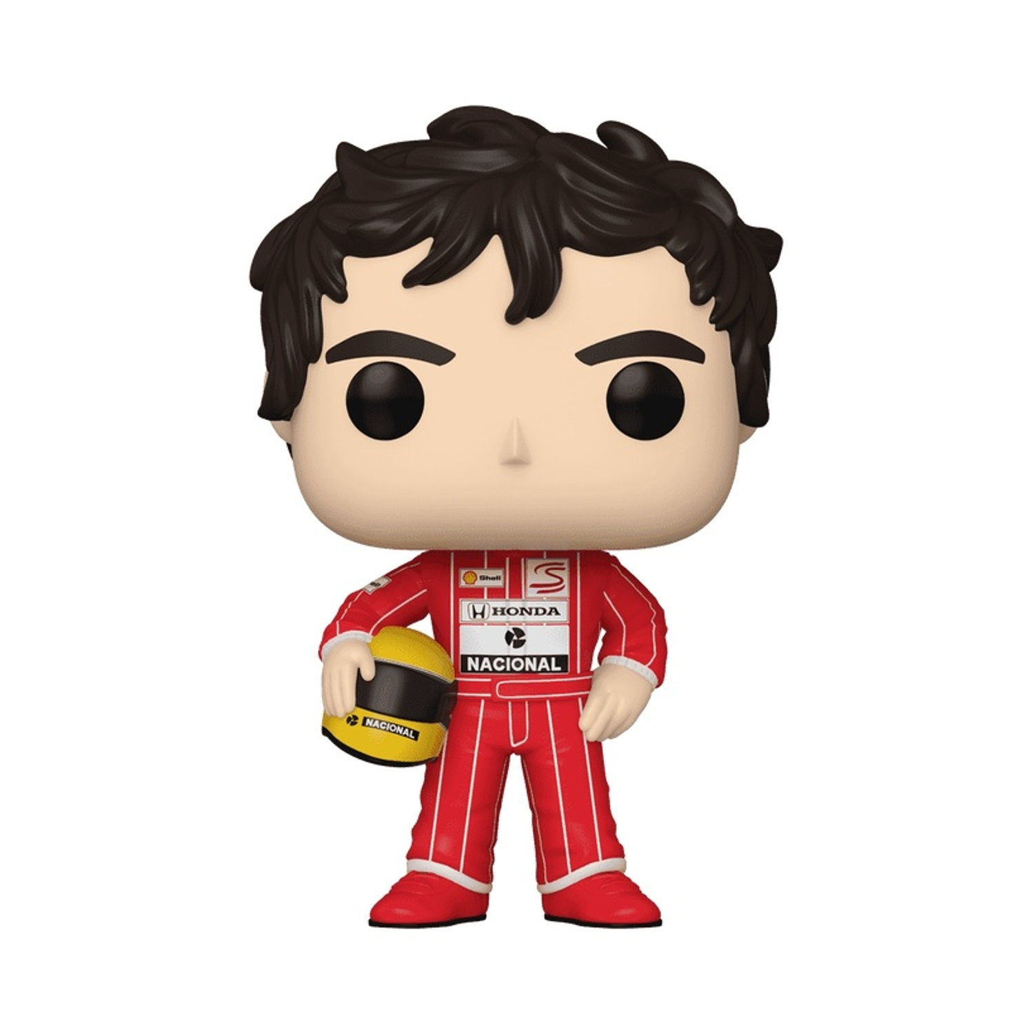 Funko Pop di un pilota di auto da corsa in tuta rossa con casco giallo. La figura ha capelli neri e grandi occhi neri.
