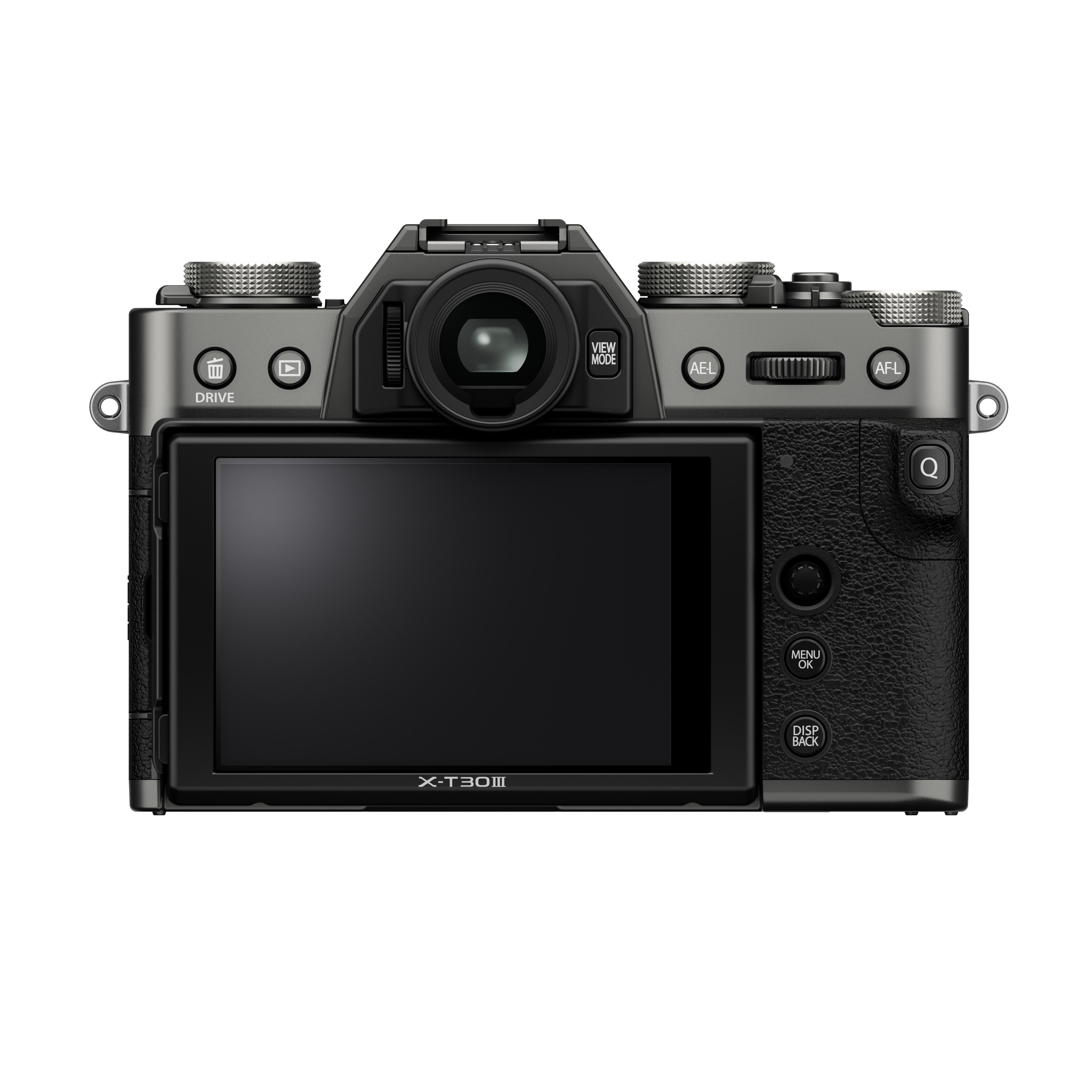 Eine schwarz-graue Kamera mit Knöpfen, einem Bildschirm und Einstellrädern. Sie ist mit X-T30 III beschriftet.