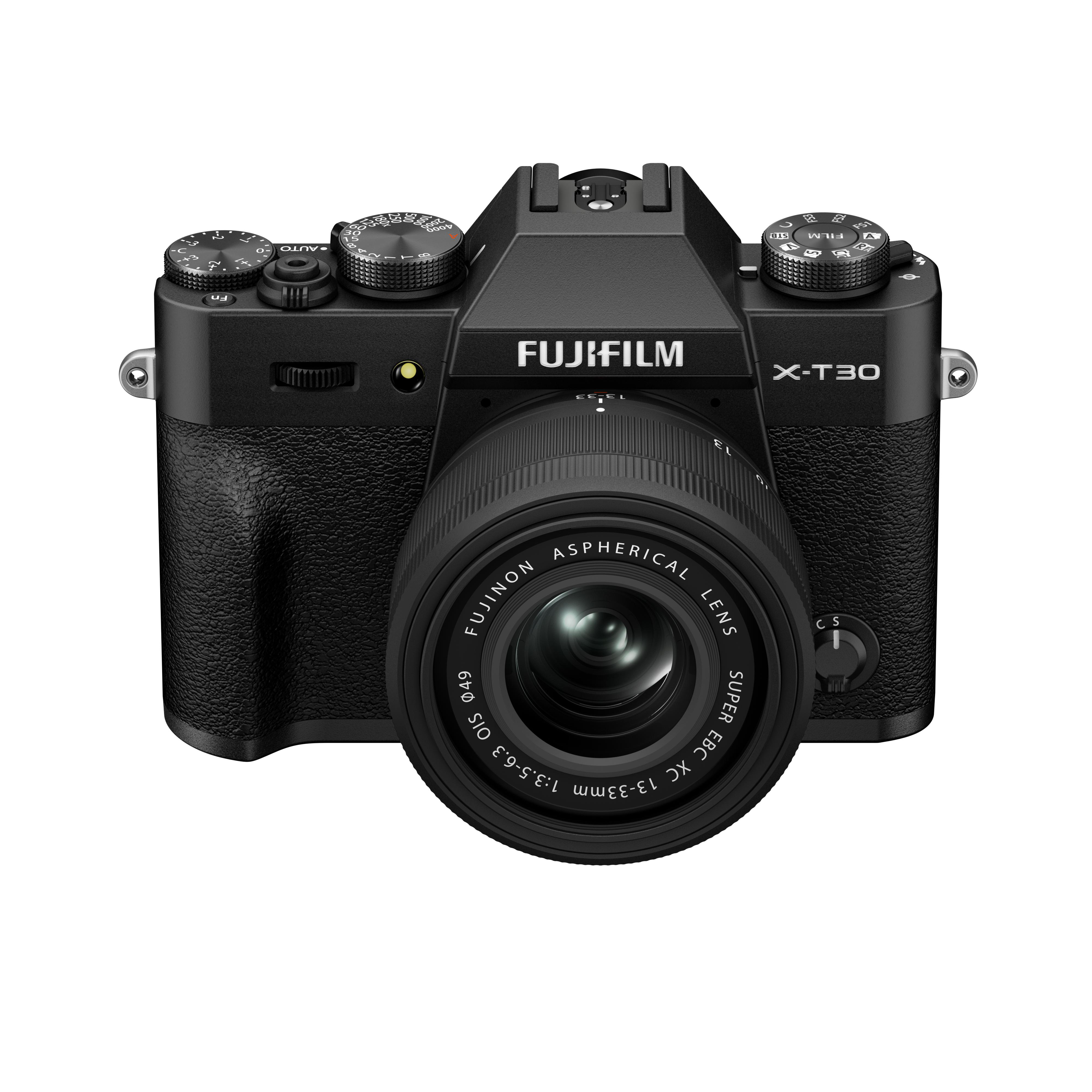 Schwarze Fujifilm X-T30 Kamera mit Objektiv, Rädern und Knöpfen. Es hat Fujifilm Logo und X-T30 Text. Weißer Hintergrund.