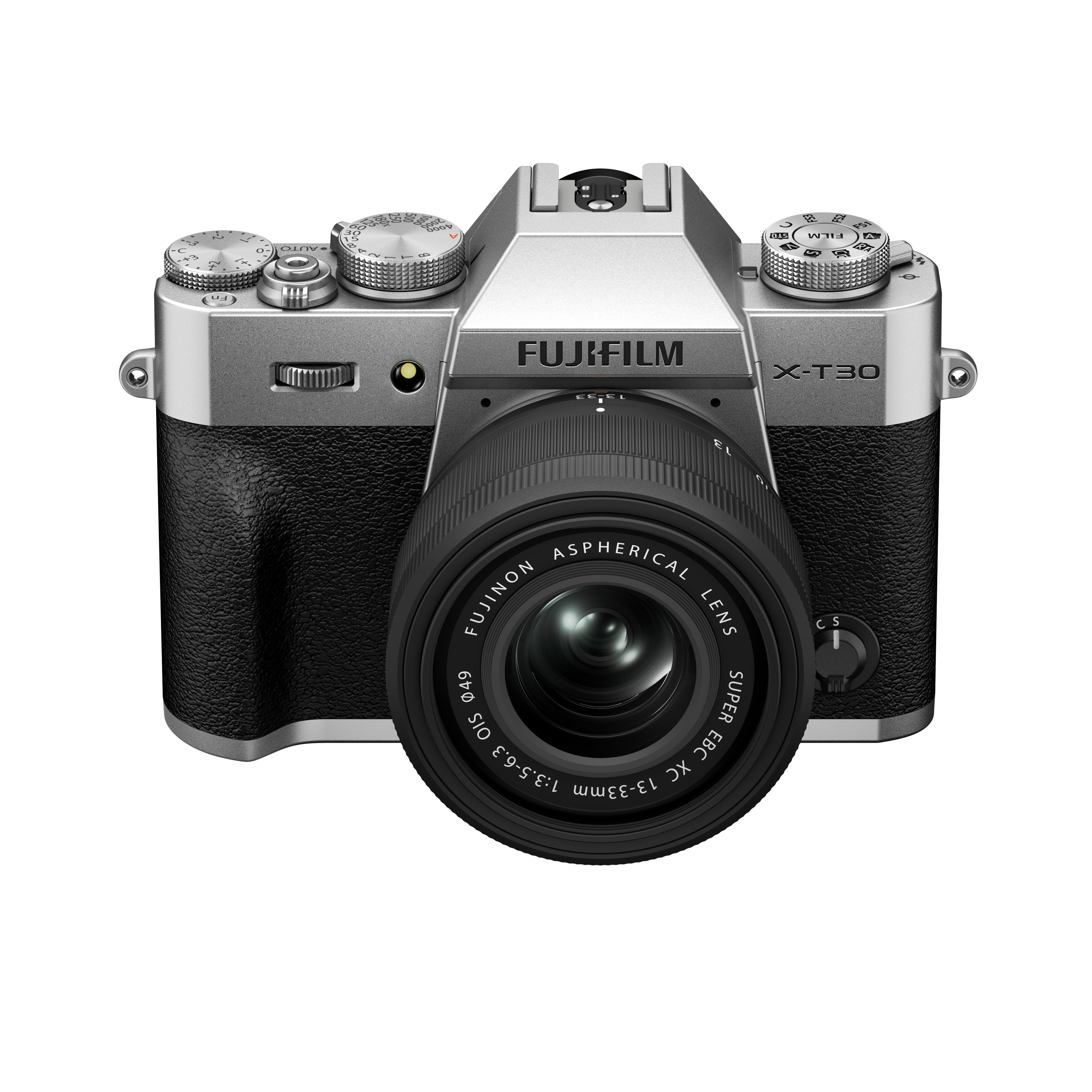 Silberne und schwarze Fujifilm X-T30 Kamera mit Objektiv. Sie hat Knöpfe und Räder, das Objektiv ist mittig.