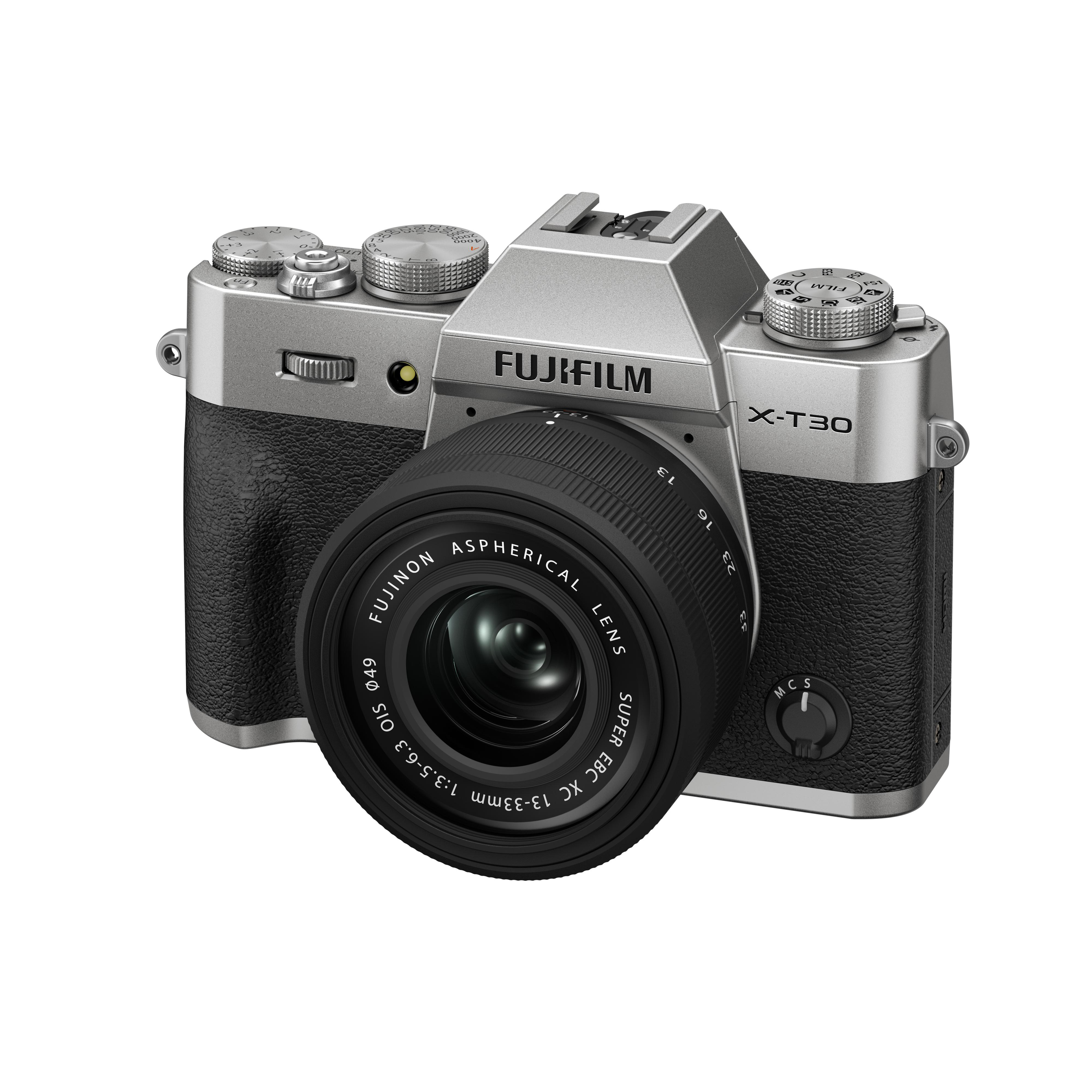 Silberne und schwarze Fujifilm X-T30 Kamera mit Objektiv. Es hat Knöpfe und Räder, das Objektiv ist schwarz.