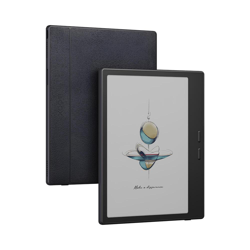 Ein schwarzer E-Reader mit schwarzer Hülle. Der E-Reader zeigt eine künstlerische Zeichnung einer Tasse mit den Worten 'Make a difference'.