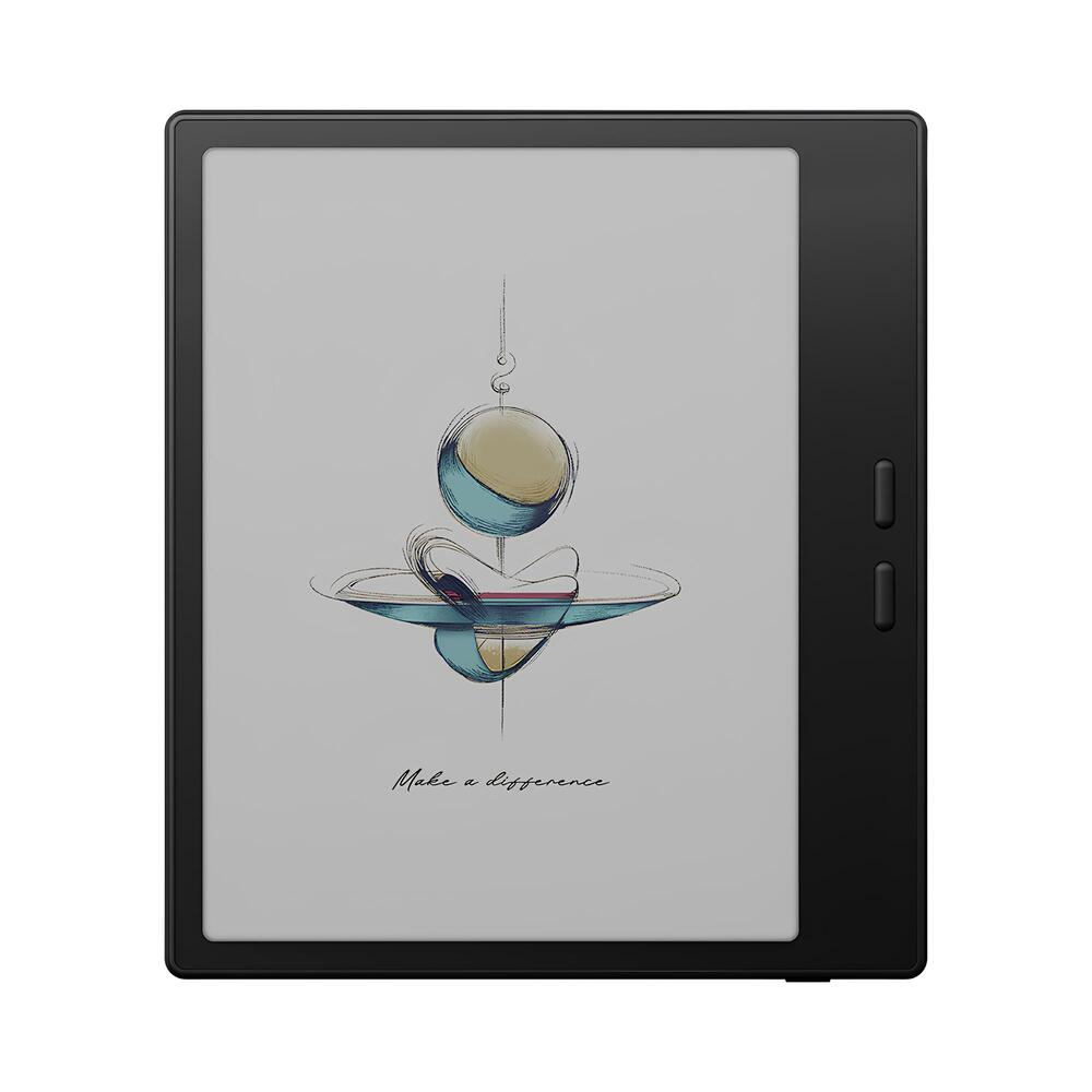 Ein E-Reader zeigt eine Zeichnung einer Kugel und einer Schale. Der Text 'Make a difference' steht unten auf dem Bildschirm.