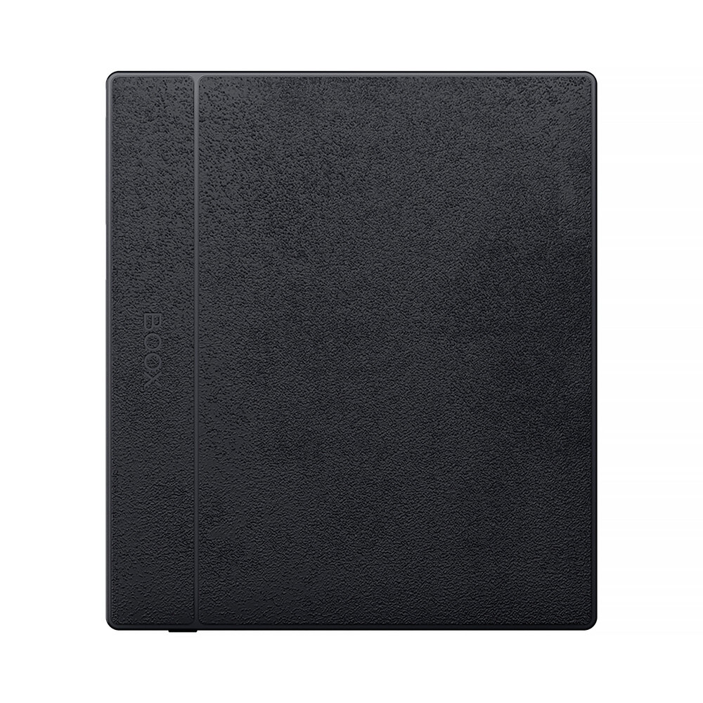 Schwarze rechteckige E-Reader-Hülle. Die Hülle hat eine strukturierte Oberfläche mit dem senkrecht gedruckten Wort 'BOOX'.