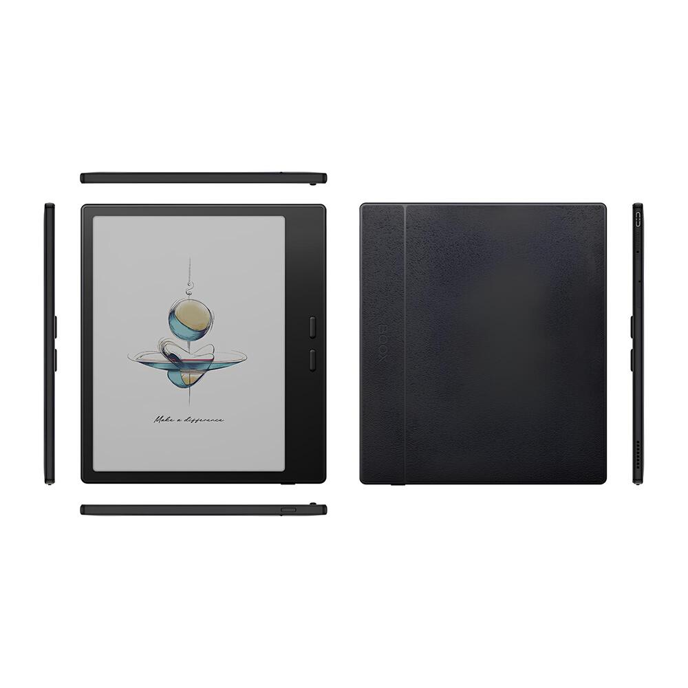 Ein E-Reader mit schwarzem Cover. Der Bildschirm zeigt eine Zeichnung einer Tasse. Verschiedene Ansichten des Geräts werden gezeigt.