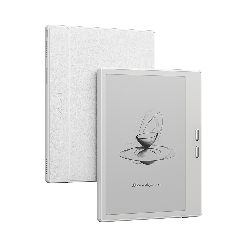 Ein weißer E-Reader mit weißer Hülle. Der Bildschirm zeigt eine Zeichnung einer Schale und eines Tellers. Text: Make a difference.