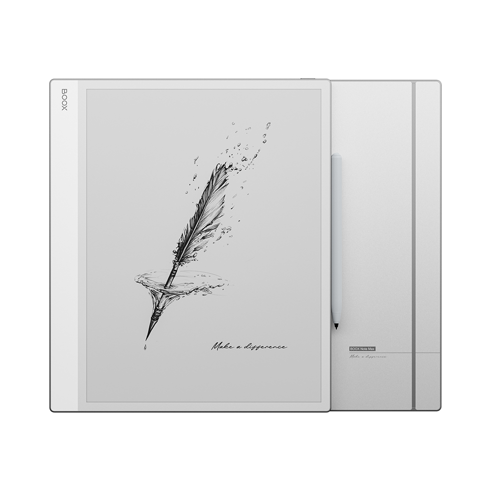 Un dispositivo BOOX Note Max bianco con una penna. Lo schermo mostra un disegno di piuma con schizzi d'acqua e il testo: Make a difference.