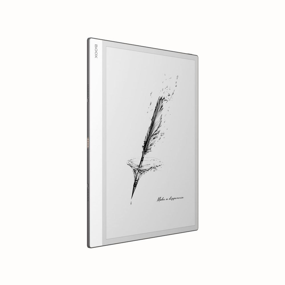 Un tablet bianco con uno schermo che mostra una piuma nell'acqua. Il tablet ha una cornice argentata e la parola 'BOOX'.