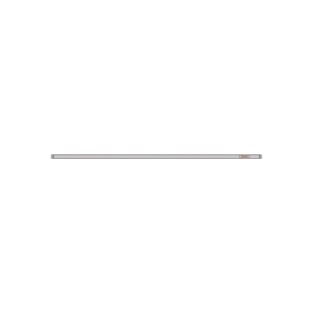 Vista laterale di un tablet argentato, che mostra il bordo con un piccolo pulsante arancione, su sfondo bianco.