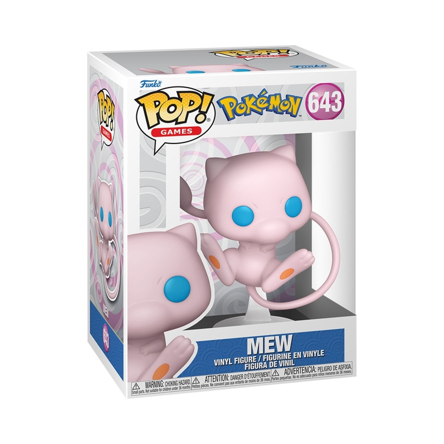 Una scatola Funko Pop con una figura rosa di Mew. La scatola ha il logo Pop Games e il marchio Pokemon. La figura ha gli occhi blu.