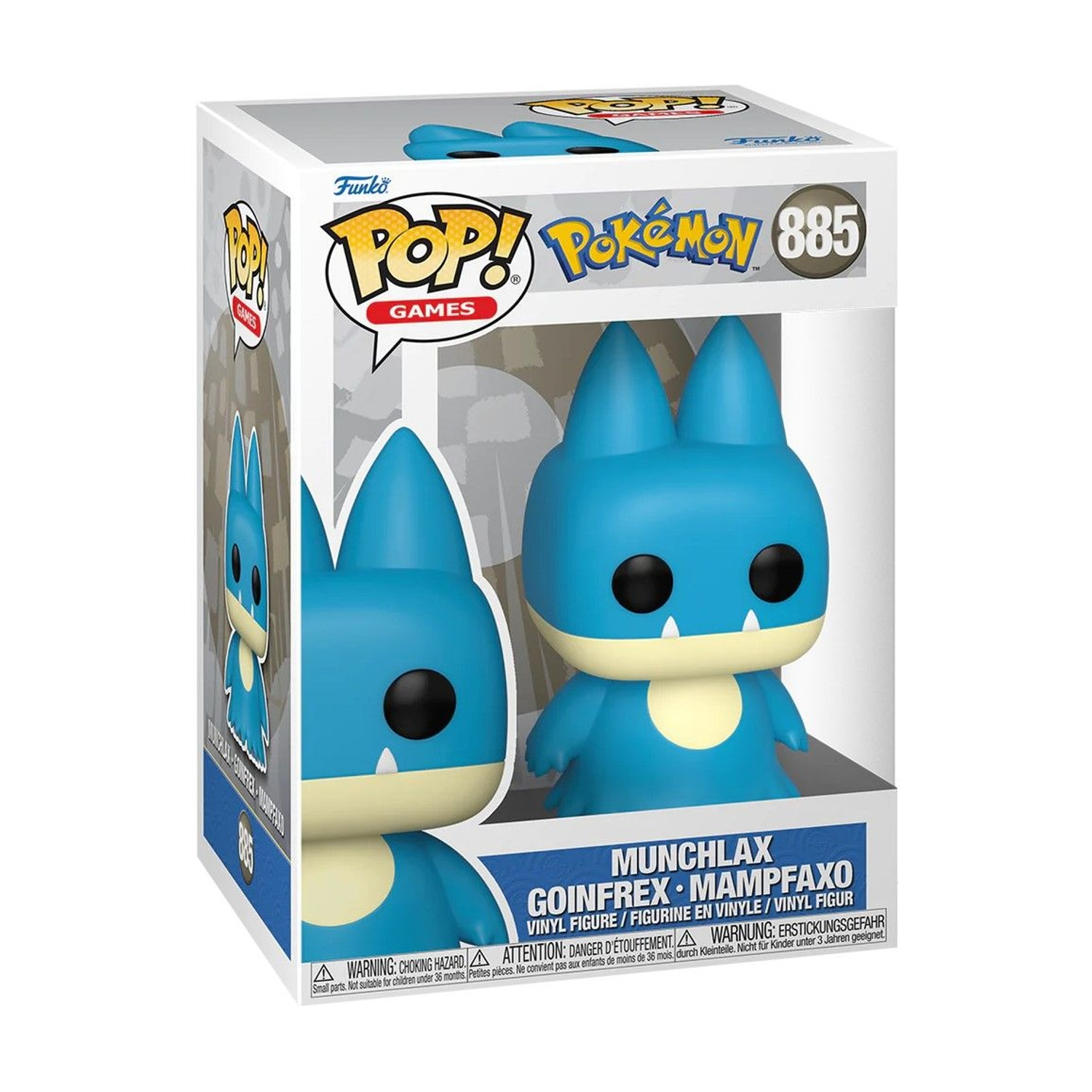 Una figura Funko Pop! di Munchlax. È blu con la pancia e il viso color crema. La figura è in una scatola con i loghi di Pokemon e Funko Pop!