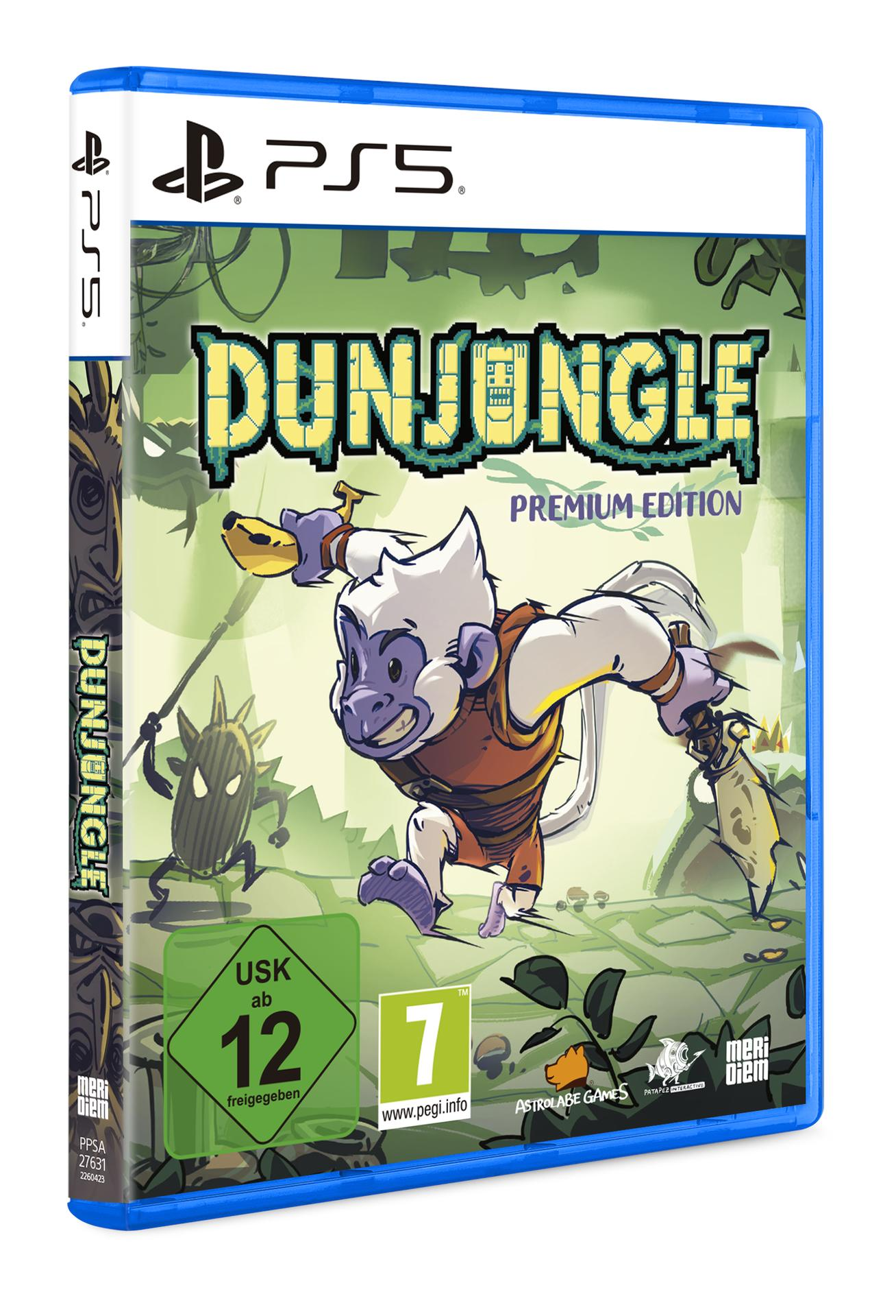 Spielcover von Dungeon Jungle. Ein Affe mit einer Banane rennt vorwärts. Der Hintergrund zeigt Dschungel und das PS5-Logo.