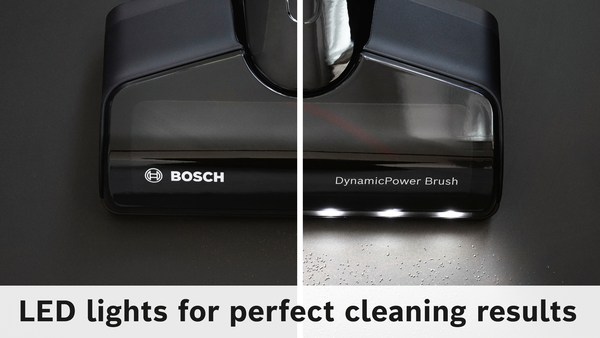 Bosch logolu ve DynamicPower Brush etiketli siyah elektrikli süpürge başlığı. LED ışıklar yüzeyi aydınlatır. Metin: Mükemmel temizleme sonuçları için LED ışıklar.