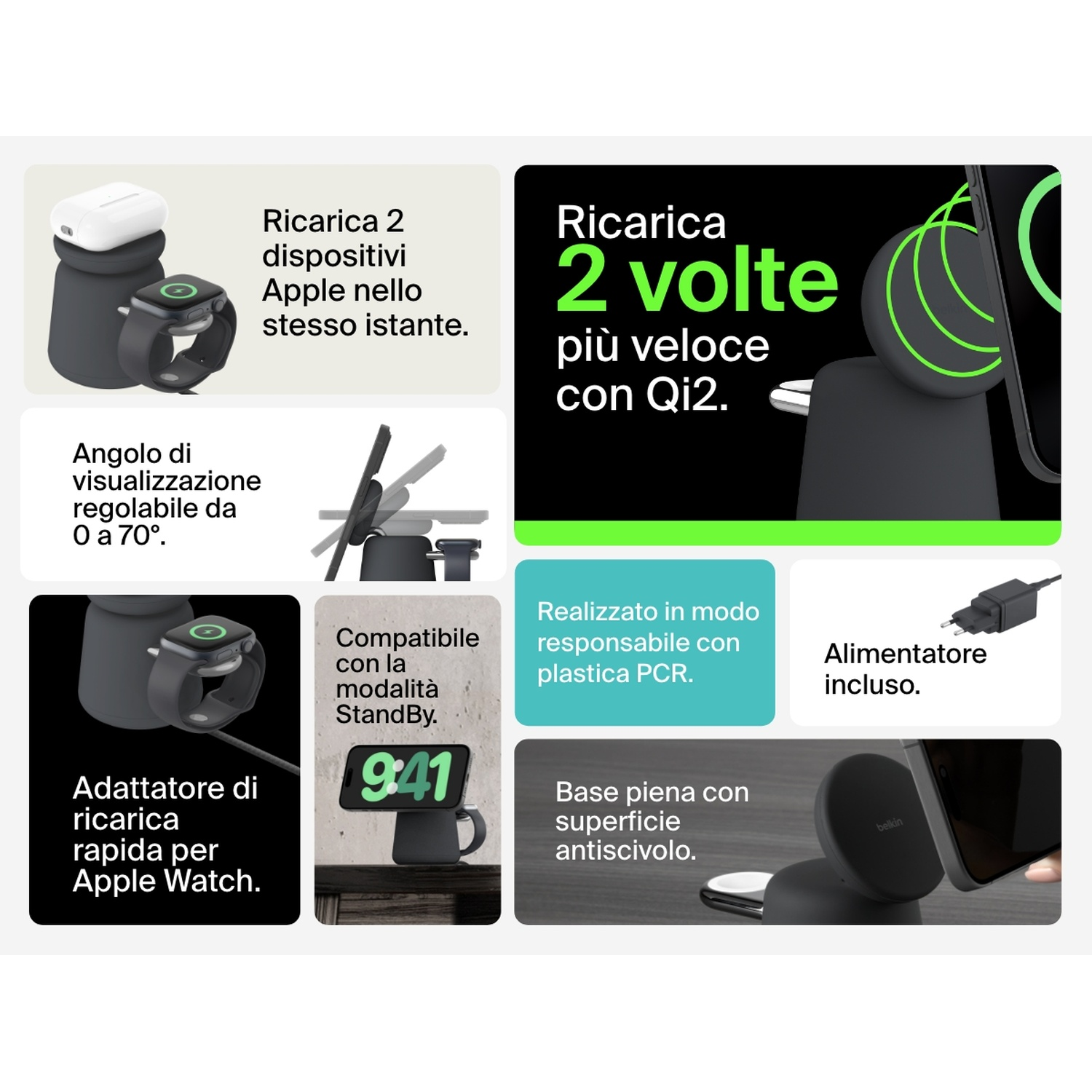 L'immagine mostra accessori di ricarica per Apple Watch e iPhone. Include testo come 'ricarica 2 dispositivi contemporaneamente' e 'ricarica più veloce'.