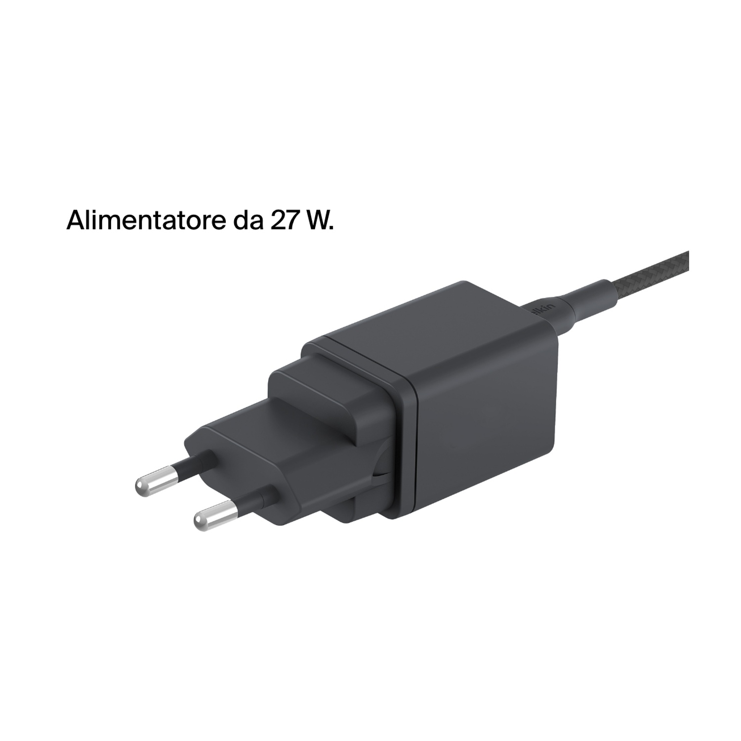 Un adattatore di alimentazione nero da 27W con spina. Ha due pin metallici e un cavo scuro su sfondo bianco.
