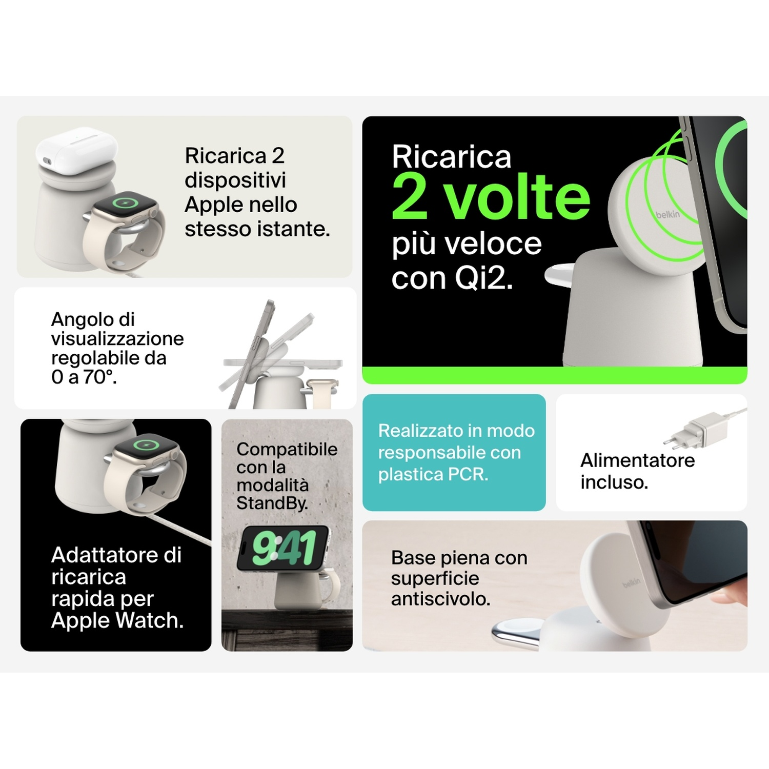 Un supporto di ricarica bianco con Apple Watch e iPhone, in carica. Il testo menziona la ricarica rapida e la compatibilità.