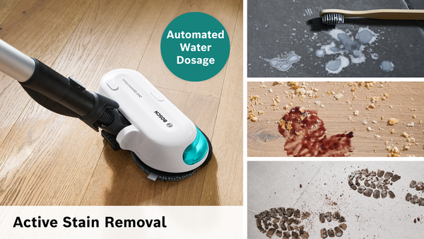 'Active Stain Removal' yazılı beyaz ve siyah bir zemin temizleyici. Ayrıca farklı leke türlerini gösterir.