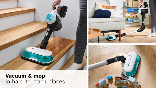 Bir Bosch elektrikli süpürge ve paspas merdivenleri ve zeminleri temizler. Görüntü, cihazın merdivenlerde ve ahşap zeminde kullanımını gösterir.
