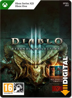 Pochette du jeu Diablo Eternal Collection. Comprend un crâne et des images démoniaques, avec des titres et logos de plateforme.