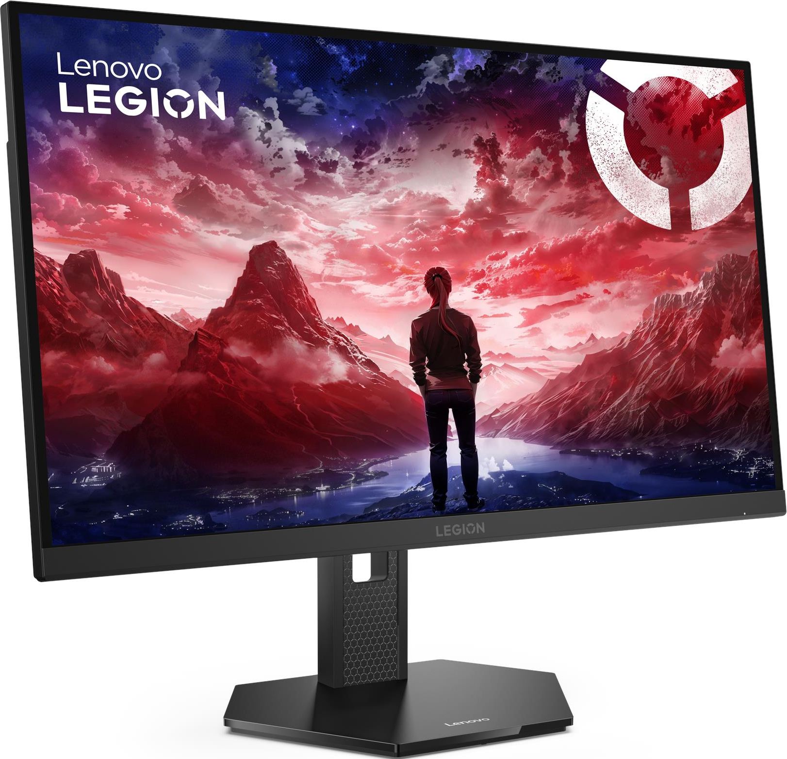 L'écran Lenovo Legion affiche une personne regardant un ciel rouge avec des montagnes et un plan d'eau.