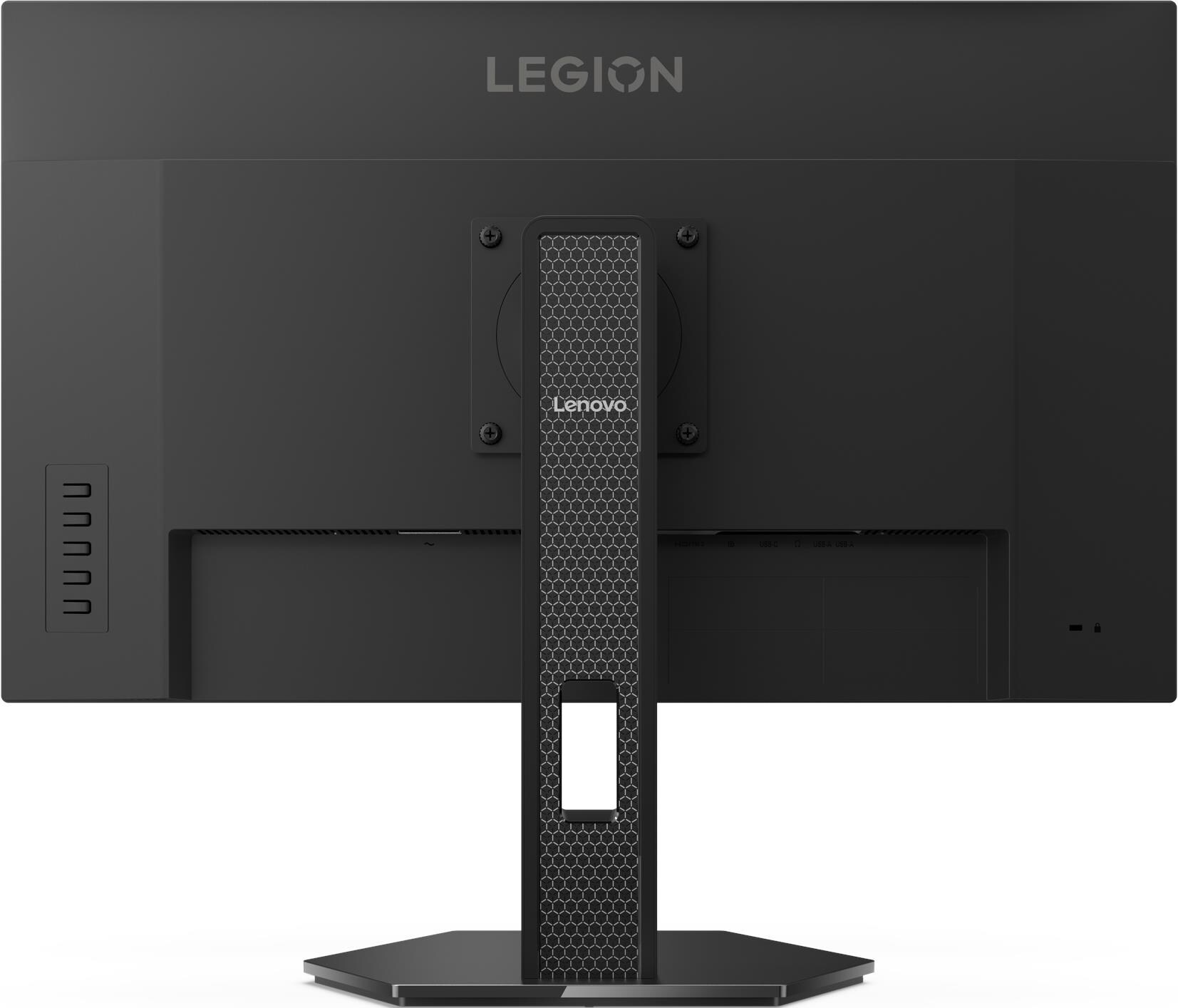 L'arrière d'un moniteur Lenovo Legion noir est présenté. Un bras de support avec un motif en nid d'abeille et le logo Lenovo est visible.