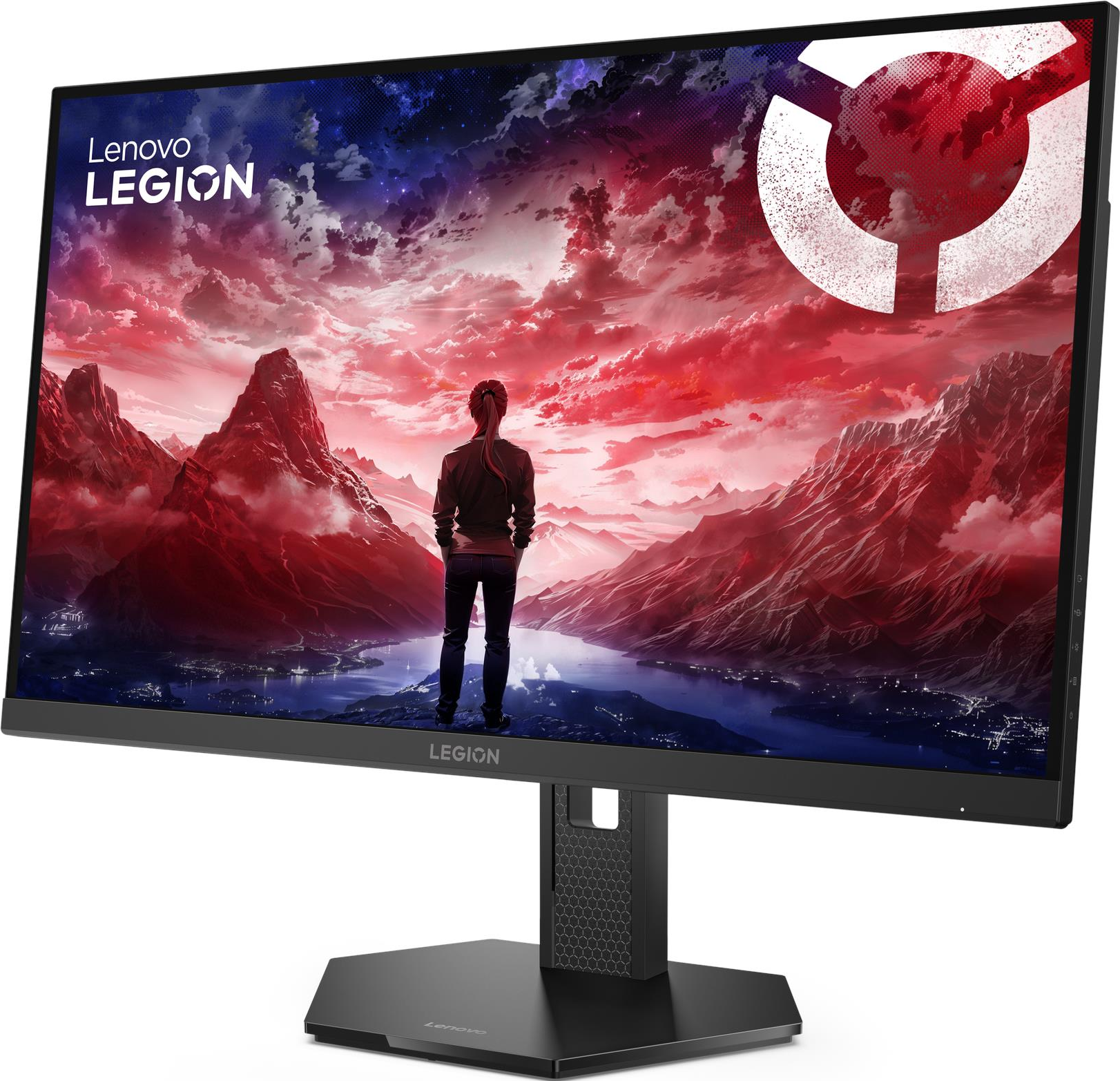 L'écran Lenovo Legion affiche une personne surplombant un paysage de montagne avec un ciel rouge.
