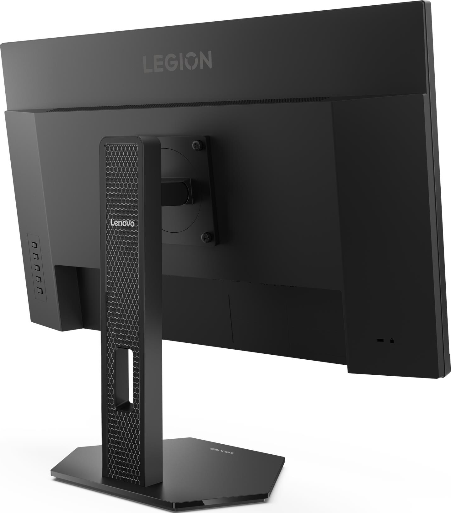 Arrière de l'écran Lenovo Legion noir. Comprend support, logo Lenovo, texte Legion et divers ports.