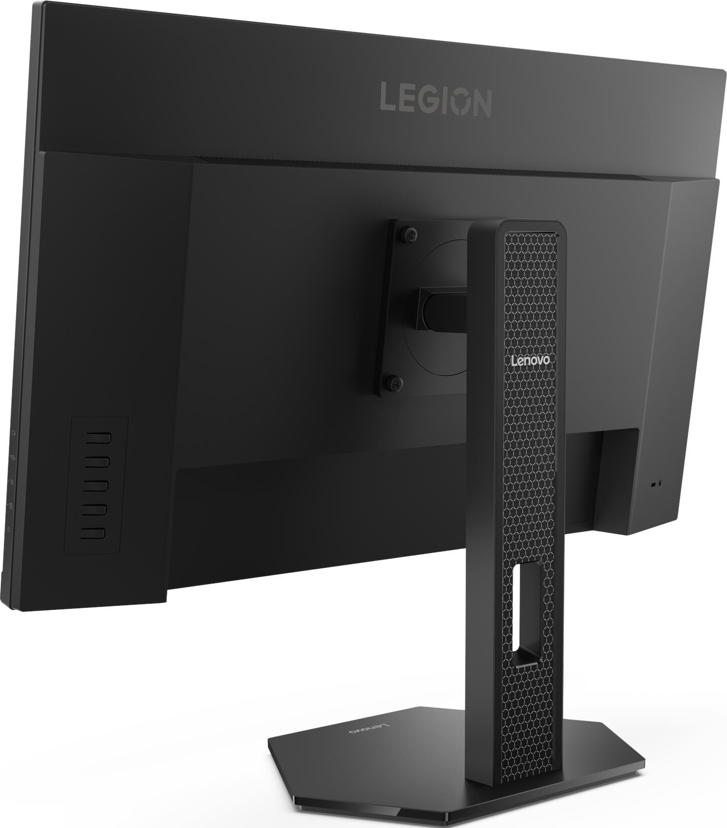 Moniteur Lenovo Legion noir, vue arrière. Comprend le logo Legion, la marque Lenovo et plusieurs ports. Le pied a un design en nid d'abeille.