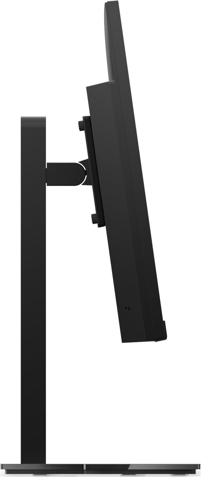 Vue latérale d'un écran d'ordinateur noir. L'écran est incliné. Il est fixé à un support avec un support vertical et horizontal.