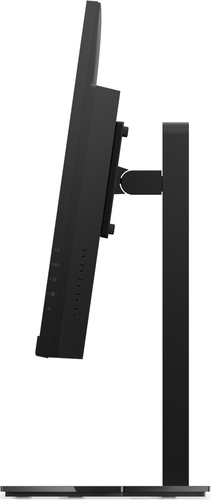 Vue latérale d'un écran d'ordinateur noir. Il a un support fixé à l'arrière. Il y a des boutons sur le côté de l'écran.