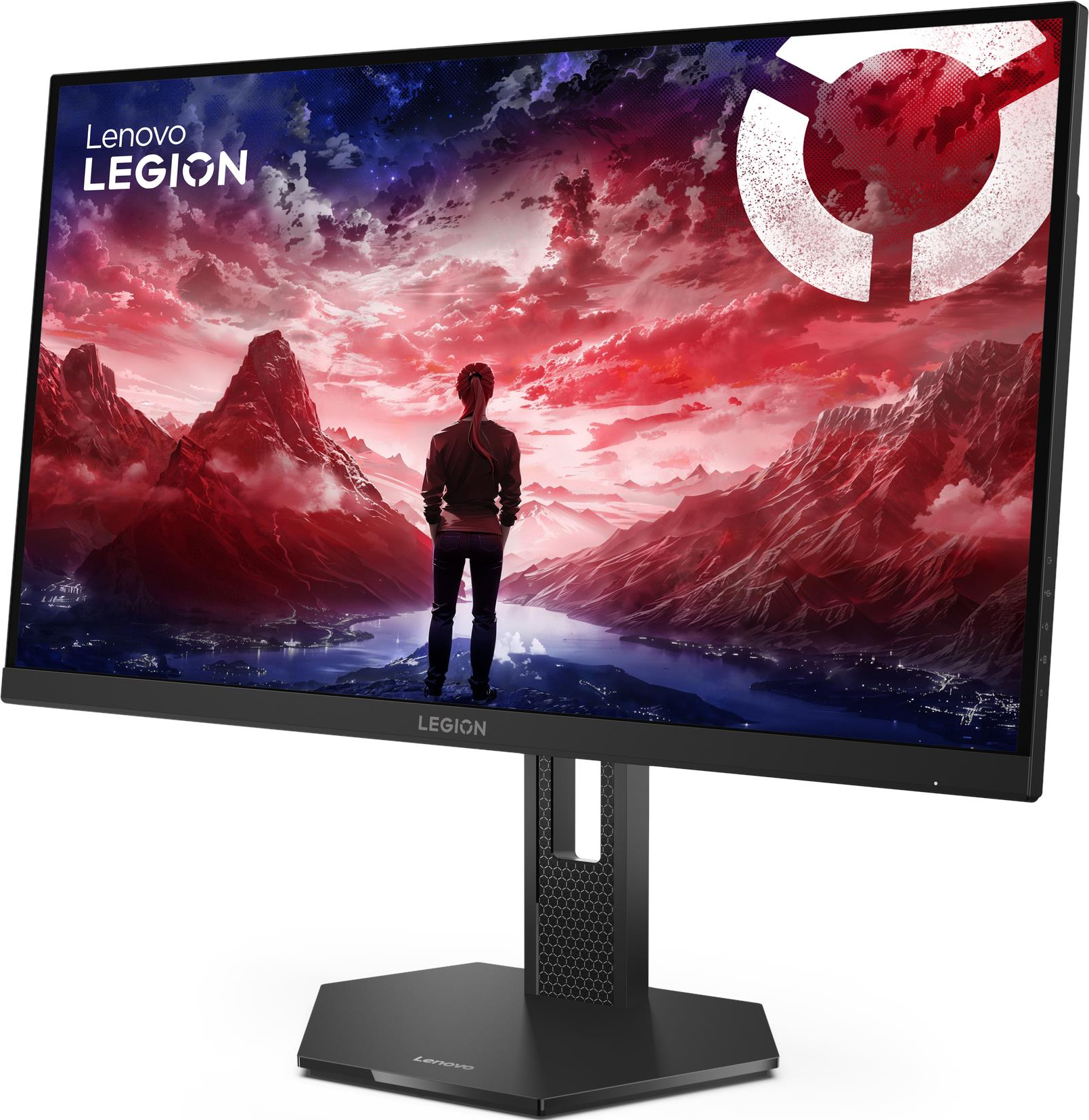 L'écran Lenovo Legion affiche une personne devant un paysage de montagne. Le fond est rouge et bleu.