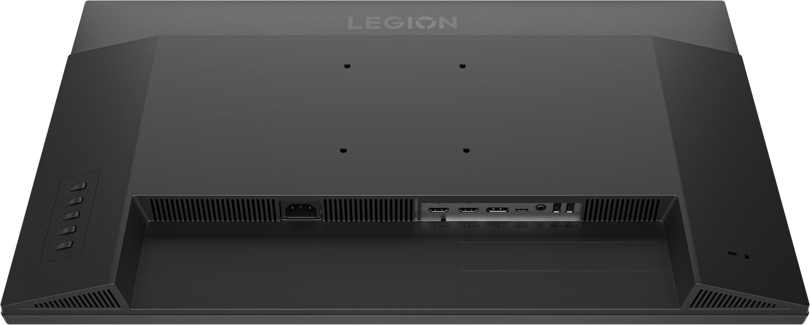 L'arrière d'un moniteur Legion noir. Il possède des ports pour l'alimentation, HDMI et USB. Le logo Legion est visible en haut.
