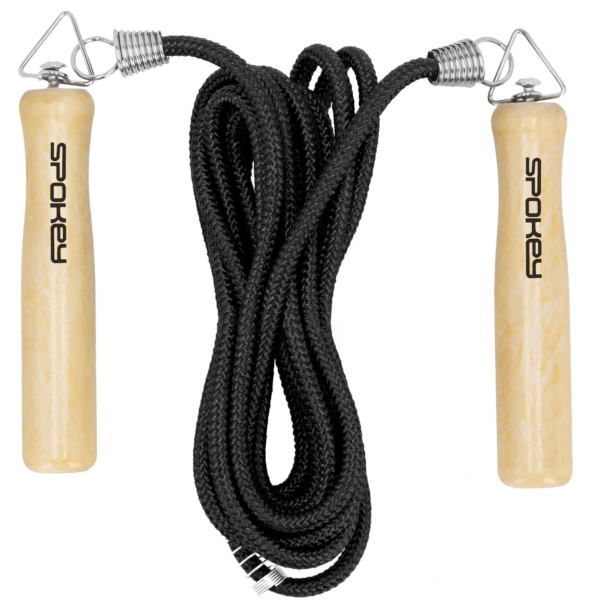 Skakanka z drewnianymi uchwytami i czarną liną. Na uchwytach widnieje napis SPOKEY.